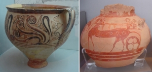 Mycenaean vessels; vase found in Anatolia 1,400 BC and pot decorated with a chariot 14-12th century BC - source Ephesus Museum and Archaeological Museum, Athens